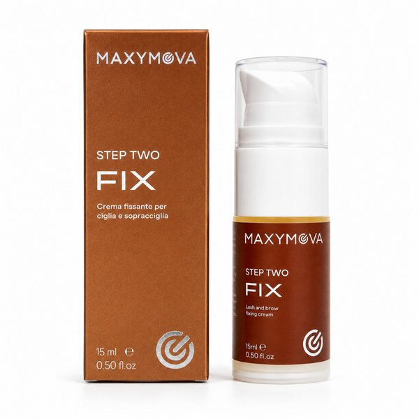 MAXYMOVA Step Two Fix eyelash and brow cream shown next to its brown cardboard packaging box on a clean white background.