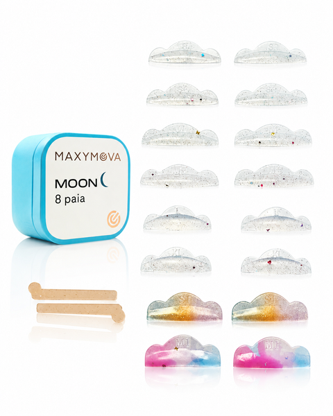 MAXYMOVA Moon transparent silicone lash lift shields kit with 8 reusable diamond silicone curlers, compensators, and professional eyelash lifting accessories.